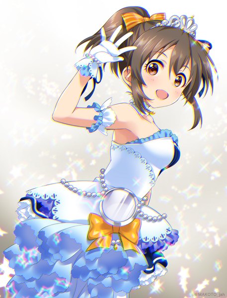 Anime picture 800x1050 with idolmaster idolmaster cinderella girls idolmaster cinderella girls starlight stage hori yuuko mizuki makoto single tall image looking at viewer blush fringe short hair open mouth black hair hair between eyes bare shoulders brown eyes starry sky bright girl dress gloves