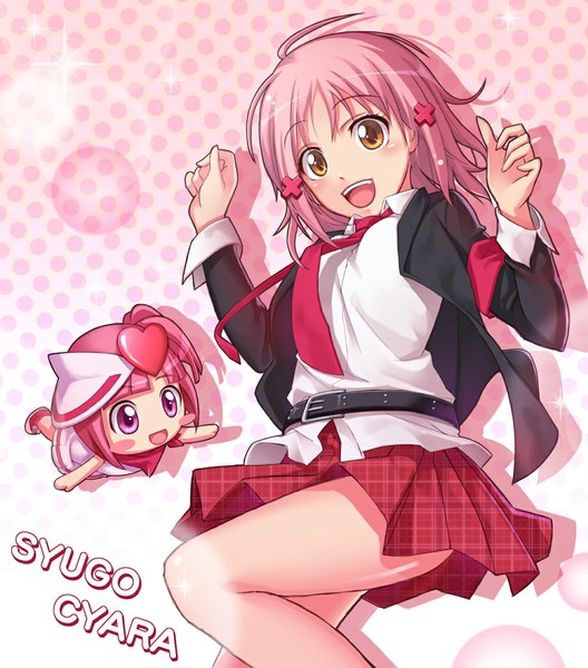 Anime picture 1000x1136 with shugo chara! hinamori amu chobipero tall image blush short hair open mouth pink hair orange eyes chibi girl skirt uniform school uniform miniskirt necktie belt