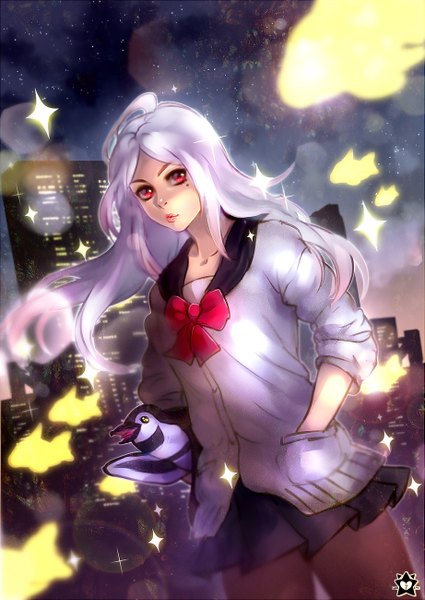 Anime picture 921x1300 with tokyo esp xebec urushiba rinka peggy e-x-p-i-e long hair tall image looking at viewer red eyes white hair multicolored hair wind lips night mole sparkle mole under eye lens flare gradient hair hand in pocket