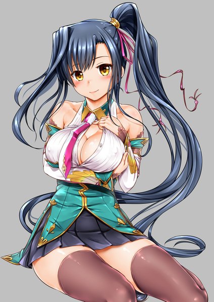 Anime picture 2894x4093 with koihime musou doga kobo kanu ganari ryuu single tall image looking at viewer blush fringe highres breasts light erotic simple background smile large breasts sitting bare shoulders yellow eyes blue hair cleavage