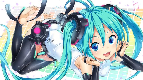 Anime picture 1920x1080 with vocaloid vocaloid append hatsune miku hatsune miku (append) hisashi (nekoman) single highres open mouth blue eyes wide image lying very long hair barefoot aqua hair girl thighhighs hair ornament black thighhighs headphones