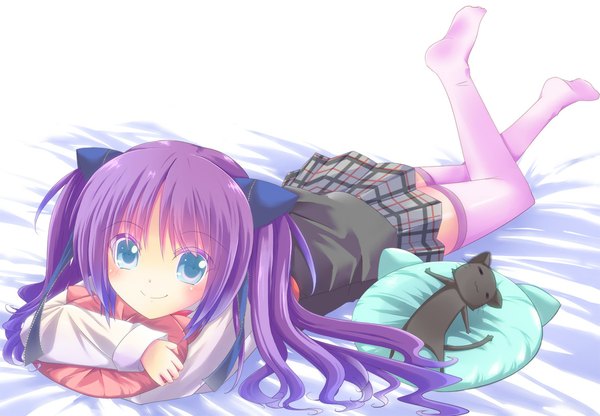 Anime picture 1169x812 with little busters! key (studio) sasasegawa sasami mitsugushi yuu single long hair looking at viewer blue eyes smile purple hair lying two side up girl thighhighs skirt uniform school uniform miniskirt pillow cat