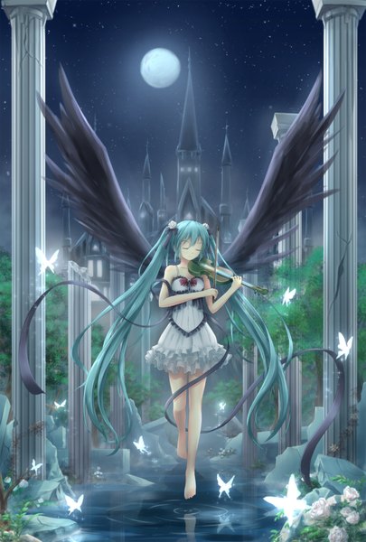 Anime picture 1350x2000 with vocaloid hatsune miku asakurashinji single tall image twintails eyes closed very long hair aqua hair night treble clef girl dress flower (flowers) water insect butterfly moon castle pillar
