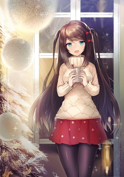 Anime picture 717x1023 with original hayama eishi single long hair tall image fringe open mouth blue eyes brown hair standing holding indoors pleated skirt night sparkle two side up night sky christmas polka dot girl