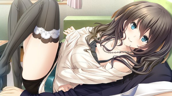 Anime picture 1280x720 with kiss ato aikawa arisa mikoto akemi single long hair looking at viewer blush blue eyes black hair smile wide image game cg legs girl thighhighs black thighhighs