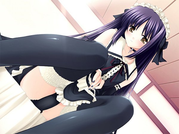 Anime picture 1024x768 with saishuu shiken kujira (game) zexcs kujira no shoujo long hair light erotic yellow eyes game cg purple hair maid pantyshot sitting girl thighhighs underwear panties black thighhighs