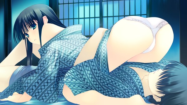 Anime picture 1280x720 with white album 2 touma kazusa long hair blue eyes light erotic black hair wide image game cg ass lying japanese clothes 69 girl boy underwear panties kimono