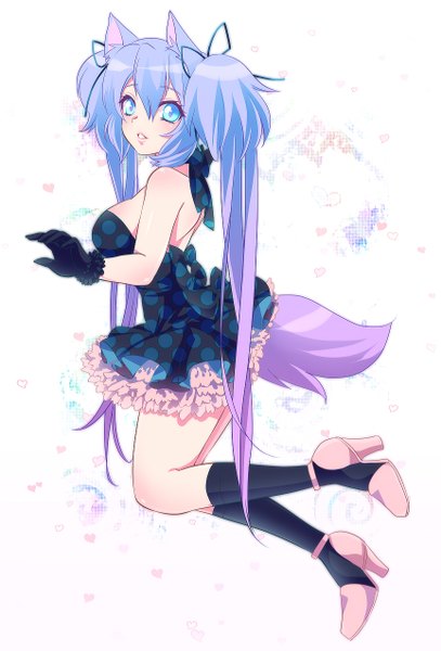 Anime picture 864x1273 with original hira taira single long hair tall image looking at viewer blue eyes twintails bare shoulders animal ears blue hair tail animal tail girl dress gloves ribbon (ribbons) hair ribbon socks black socks