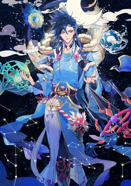 Anime picture 1500x2122 with onmyoji susabi (onmyoji) qingfeng che single tall image fringe blue eyes hair between eyes standing blue hair looking away cloud (clouds) long sleeves very long hair night wide sleeves night sky fur trim low ponytail side slit