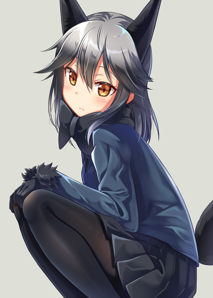 Anime picture 1300x1818 with kemono friends silver fox (kemono friends) gurande (g-size) single long hair tall image looking at viewer blush fringe simple background hair between eyes brown eyes animal ears bent knee (knees) tail animal tail pleated skirt grey hair grey background fur trim