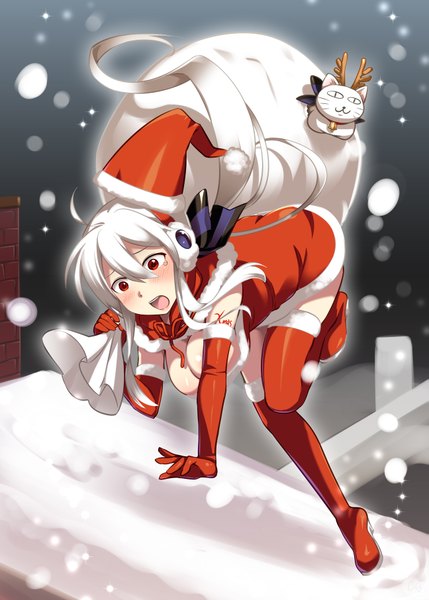 Anime picture 1295x1812 with vocaloid yowane haku caffein single long hair tall image looking at viewer blush open mouth light erotic red eyes white hair snowing christmas winter snow falling girl gloves hat