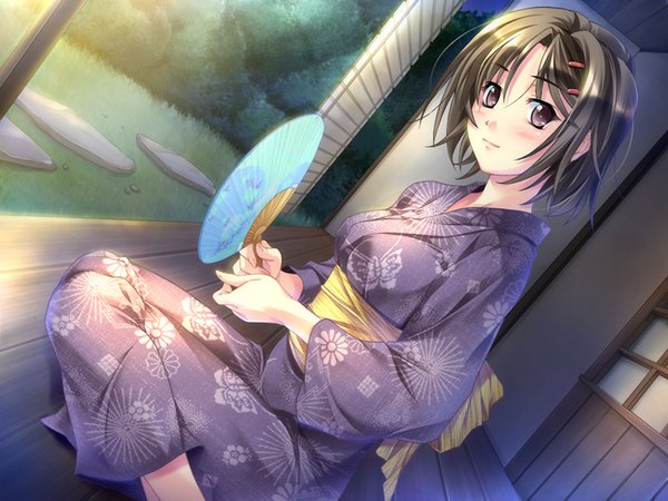 Anime picture 1024x768 with sekai de ichiban dame na koi (game) brown hair brown eyes game cg japanese clothes girl kimono