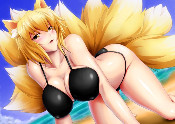 Anime picture 1403x992 with touhou yakumo ran snappop (artist) single blush short hair breasts open mouth light erotic blonde hair large breasts yellow eyes fox ears beach fox tail fox girl multiple tails girl swimsuit bikini