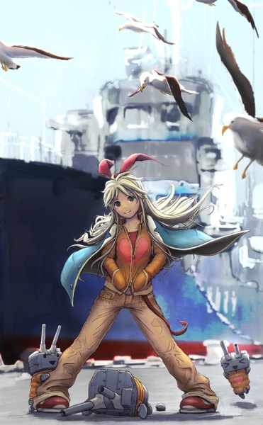 Anime picture 927x1500 with kantai collection shimakaze destroyer rensouhou-chan pandarou long hair tall image looking at viewer blonde hair brown eyes girl bow weapon hair bow animal jacket bird (birds) seagull