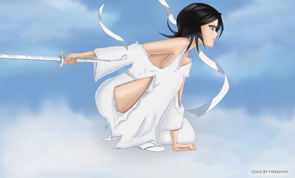 Anime picture 1580x960 with bleach studio pierrot kuchiki rukia firewind single short hair blue eyes black hair simple background wide image signed sky cloud (clouds) japanese clothes profile coloring torn clothes girl ribbon (ribbons) weapon