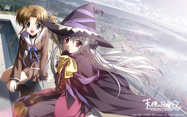 Anime picture 1920x1200 with ef a fairy tale of the two hayama mizuki nanao naru long hair highres open mouth blue eyes red eyes brown hair wide image multiple girls silver hair sunlight landscape witch girl 2 girls serafuku cloak roof
