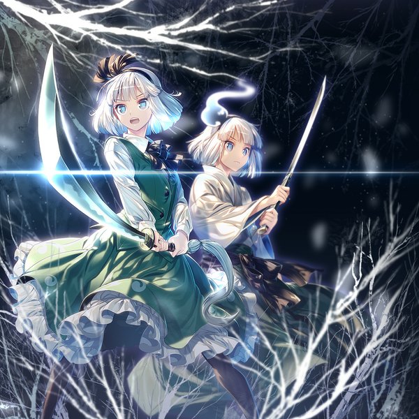 Anime picture 1000x1000 with touhou konpaku youmu zounose fringe short hair blue eyes multiple girls looking away silver hair traditional clothes japanese clothes night depth of field night sky dual persona girl dress skirt ribbon (ribbons) weapon