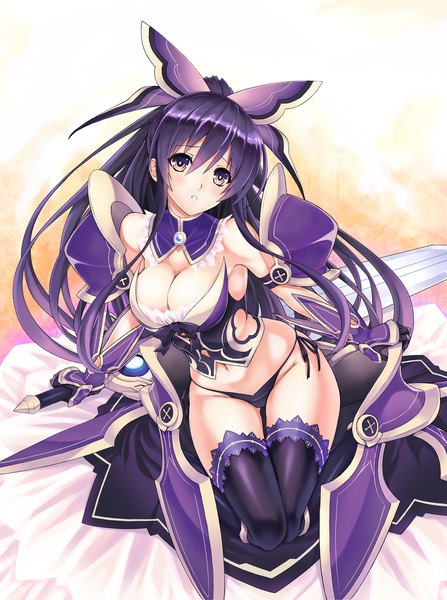 Anime picture 1600x2149 with date a live yatogami tooka inoino (artist) single long hair tall image looking at viewer breasts light erotic large breasts purple eyes purple hair girl thighhighs navel underwear panties bow weapon black thighhighs