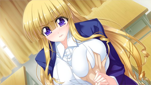Anime picture 1024x576 with mirai wa kimi ni koishiteru long hair blush breasts light erotic blonde hair wide image purple eyes game cg huge breasts breast grab girl