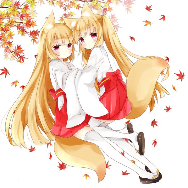 Anime picture 1790x1798 with original tsukiyo (skymint) long hair tall image looking at viewer blush fringe highres blonde hair simple background white background twintails multiple girls animal ears payot full body bent knee (knees) tail blunt bangs long sleeves