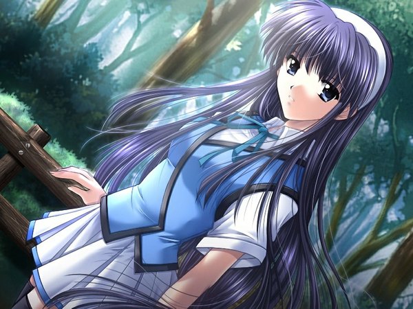 Anime picture 1024x768 with kaze no keishousha (game) blue eyes game cg purple hair girl serafuku