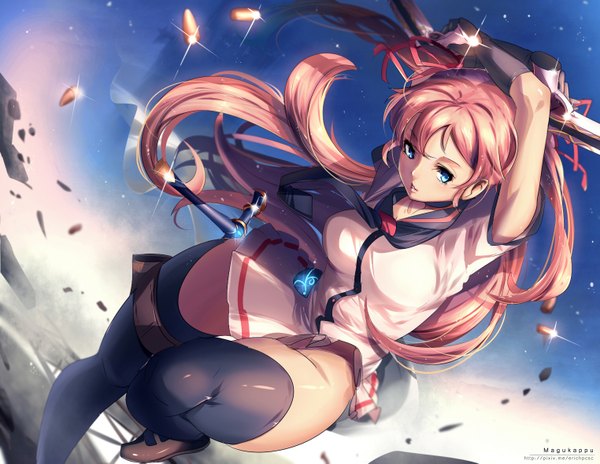 Anime picture 1524x1181 with original umakatsuhai single long hair blue eyes light erotic signed looking away pink hair arms up dutch angle fighting stance girl thighhighs dress gloves weapon black thighhighs sword black gloves