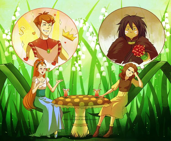 Anime picture 965x800 with the borrower arrietty thumbelina studio ghibli disney arrietty spiller thumbelina (chacarter) alexielart short hair brown hair sitting multiple girls orange hair multiple boys crossover parody minigirl talking thinking girl