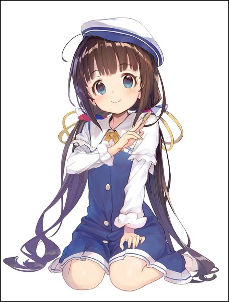 Anime picture 874x1150 with ryuuou no oshigoto! hinatsuru ai shirabi single long hair tall image looking at viewer blush fringe blue eyes simple background smile brown hair white background sitting twintails full body ahoge blunt bangs official art