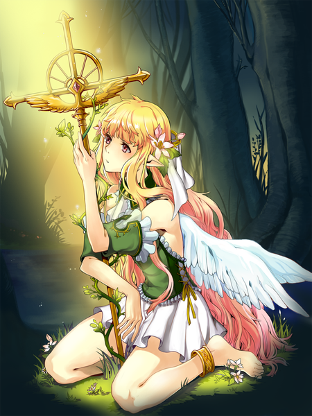 Anime picture 840x1120 with original zigi single long hair tall image blonde hair sitting bare shoulders looking away pink hair pink eyes multicolored hair barefoot hair flower pointy ears two-tone hair bare legs no shoes kneeling light