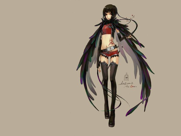 Anime picture 1600x1200 with axis (artist) black hair simple background red eyes holding inscription tattoo girl thighhighs gloves navel black thighhighs wings elbow gloves shorts belt cloak cage
