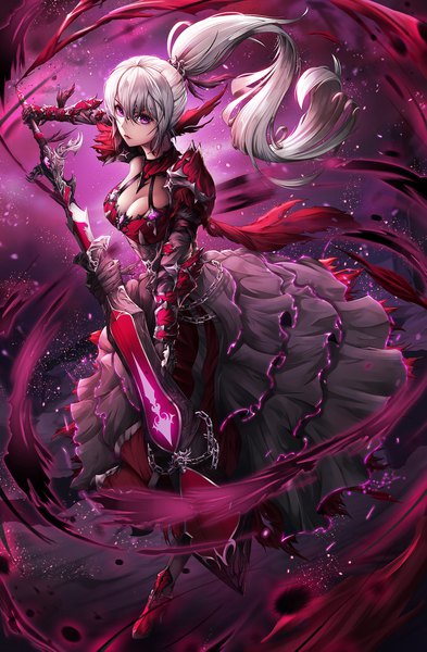 Anime picture 1299x1981 with original undina single long hair tall image looking at viewer fringe breasts hair between eyes standing purple eyes holding cleavage full body ponytail grey hair standing on one leg girl dress weapon