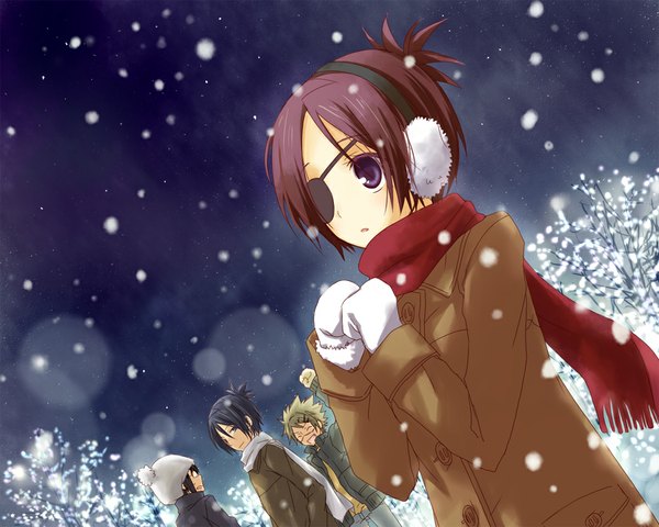 Anime picture 1050x840 with katekyou hitman reborn rokudo mukuro chrome dokuro chikusa kakimoto joushima ken short hair black hair blonde hair smile purple eyes eyes closed profile grey hair night sky winter group girl boy glasses scarf