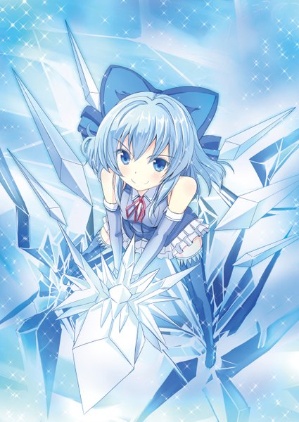 Anime picture 1000x1411 with touhou cirno hotaru akari single tall image short hair blue eyes smile bare shoulders blue hair girl thighhighs bow hair bow food sweets ice cream