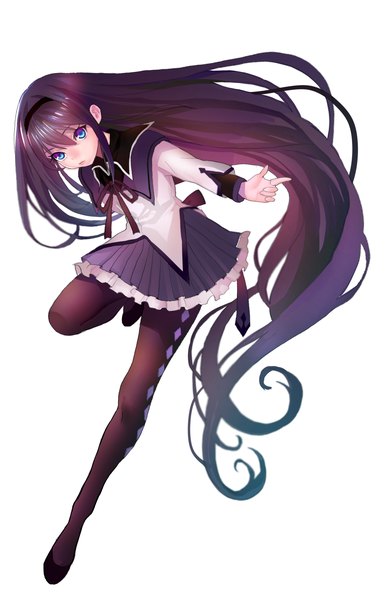 Anime picture 1461x2260 with mahou shoujo madoka magica shaft (studio) akemi homura elizabeth (erika123) single tall image looking at viewer blue eyes black hair simple background white background very long hair rhombus girl pantyhose hairband argyle legwear