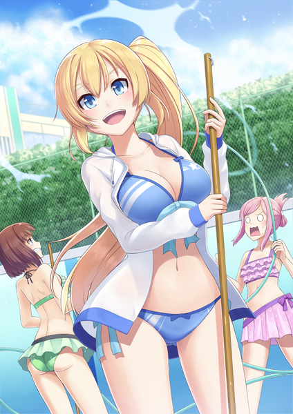 Anime picture 848x1200 with original oyaji-sou long hair tall image blush fringe short hair breasts open mouth blue eyes light erotic blonde hair brown hair large breasts standing bare shoulders multiple girls pink hair sky cloud (clouds)