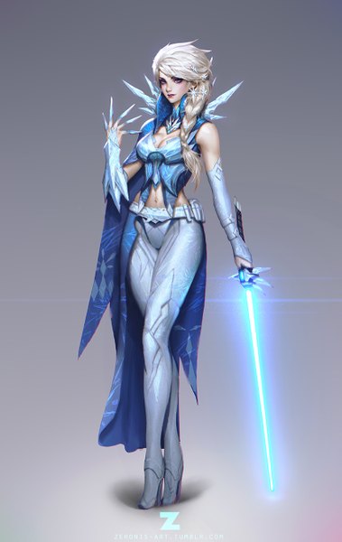Anime picture 846x1338 with frozen (disney) star wars disney elsa (frozen) paul (shiramune) single long hair tall image looking at viewer breasts blue eyes simple background lips grey hair realistic grey background eyeshadow makeup glowing weapon girl