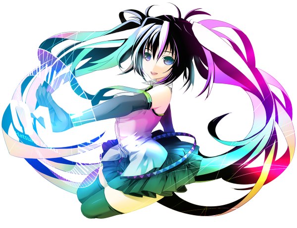 Anime picture 1200x923 with vocaloid hatsune miku yuuki kira single fringe simple background hair between eyes white background twintails very long hair multicolored hair aqua eyes outstretched arm girl thighhighs gloves black thighhighs black gloves elbow gloves