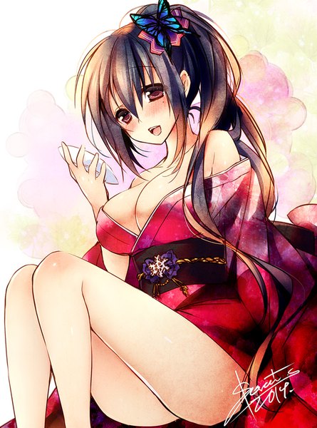 Anime picture 623x839 with original sorai shin'ya single long hair tall image looking at viewer blush fringe breasts open mouth light erotic black hair hair between eyes large breasts sitting holding brown eyes signed ponytail long sleeves