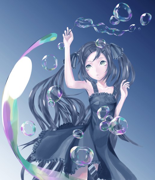 Anime picture 3000x3491 with original throtem single long hair tall image highres open mouth black hair twintails bare shoulders yellow eyes looking away girl dress frills bubble (bubbles)