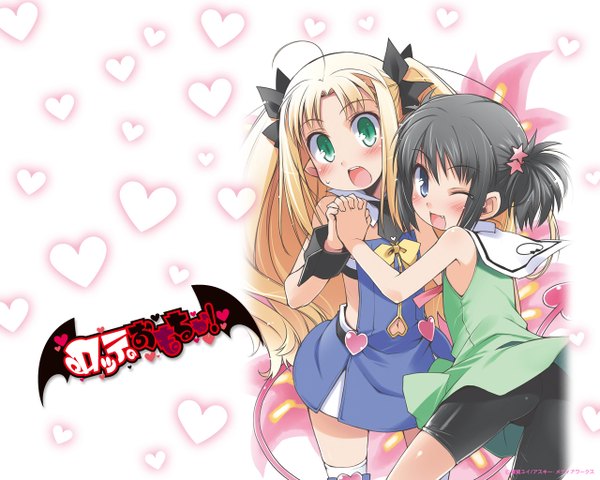 Anime picture 1280x1024 with astarotte no omocha! astarotte ygvar touhara asuha blush open mouth black hair blonde hair multiple girls green eyes ahoge one eye closed looking back wink holding hands girl bow 2 girls hair bow