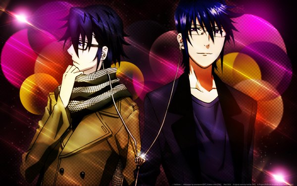 Anime picture 1920x1200 with k-project gohands (studio) fushimi saruhiko munakata reishi highres short hair blue eyes black hair smile wide image blue hair looking away multiple boys boy glasses jacket headphones scarf 2 boys