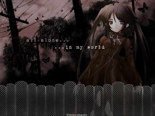 Anime picture 1024x768 with original itou noiji single long hair looking at viewer red eyes brown hair twintails inscription from below wallpaper text english torn pantyhose gothic girl plant (plants) pantyhose tree (trees) insect