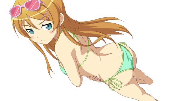 Anime picture 1920x1080 with ore no imouto ga konna ni kawaii wake ga nai kousaka kirino single long hair highres blue eyes light erotic blonde hair wide image white background girl navel swimsuit bikini sunglasses