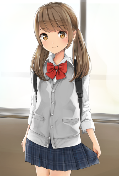 Anime picture 902x1335 with original shimamuucho single long hair tall image looking at viewer blush fringe smile brown hair standing twintails payot pleated skirt plaid skirt girl skirt uniform school uniform window