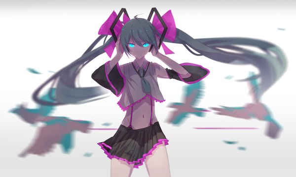 Anime picture 5000x3000 with vocaloid hatsune miku yyb single looking at viewer fringe highres simple background hair between eyes wide image standing white background twintails payot absurdres ahoge very long hair pleated skirt aqua eyes wind