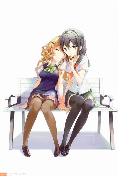 Anime picture 2327x3450 with tiv long hair tall image highres blue eyes black hair blonde hair sitting multiple girls eyes closed finger to mouth sleeping knees together feet apart girl thighhighs uniform black thighhighs 2 girls school uniform