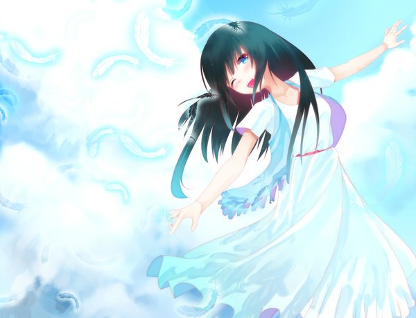 Anime picture 2000x1532 with original iori (cpeilad) single long hair blush highres open mouth blue eyes black hair one eye closed wink girl dress feather (feathers)