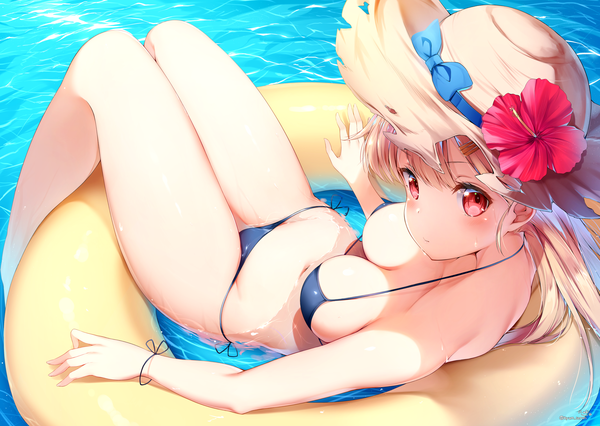 Anime picture 3522x2505 with kantai collection yuudachi destroyer nyum single long hair looking at viewer blush fringe highres breasts light erotic blonde hair red eyes large breasts signed absurdres twitter username sideboob summer remodel (kantai collection)