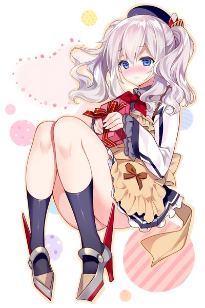 Anime picture 600x900 with kantai collection kashima training cruiser rei (rei's room) single long hair tall image blush blue eyes light erotic hair between eyes twintails looking away silver hair bent knee (knees) embarrassed valentine girl uniform socks black socks