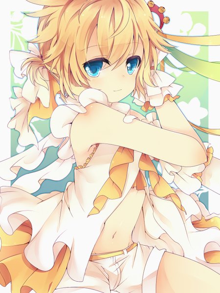 Anime picture 1200x1600 with vocaloid kagamine len leeannpippisum single tall image looking at viewer short hair blue eyes blonde hair sitting bare shoulders light smile boy navel shorts white shorts